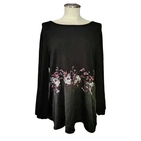 Alfani Black Floral Embroidered Knit Top | Witchy Boho L - Picture 1 of 8